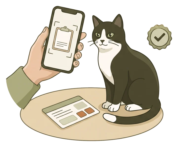 Bir el telefonla aşı karnesinin fotoğrafını çekiyor, kedi merakla izliyor
