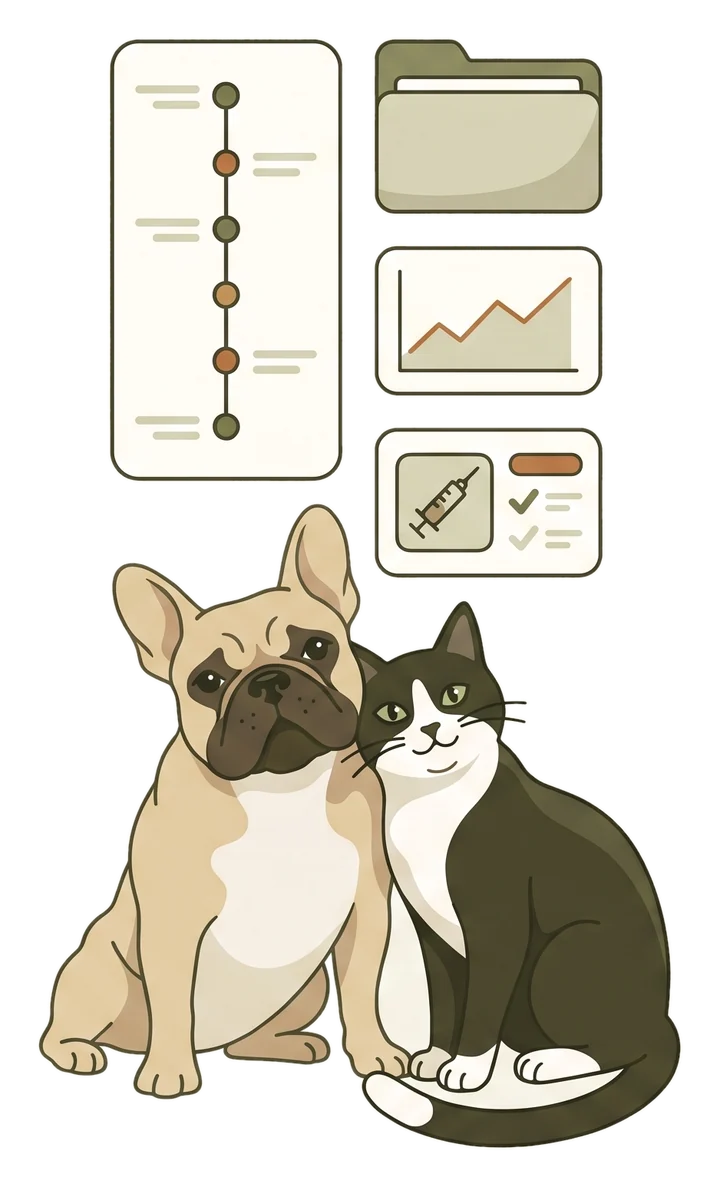 Düzenli dizilmiş sağlık kaydı kartları, önlerinde bir köpek ve bir kedi