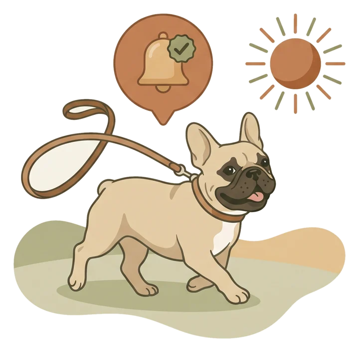 Tasmasıyla neşeyle yürüyen bir French Bulldog, üstünde onaylı bir hatırlatıcı zili