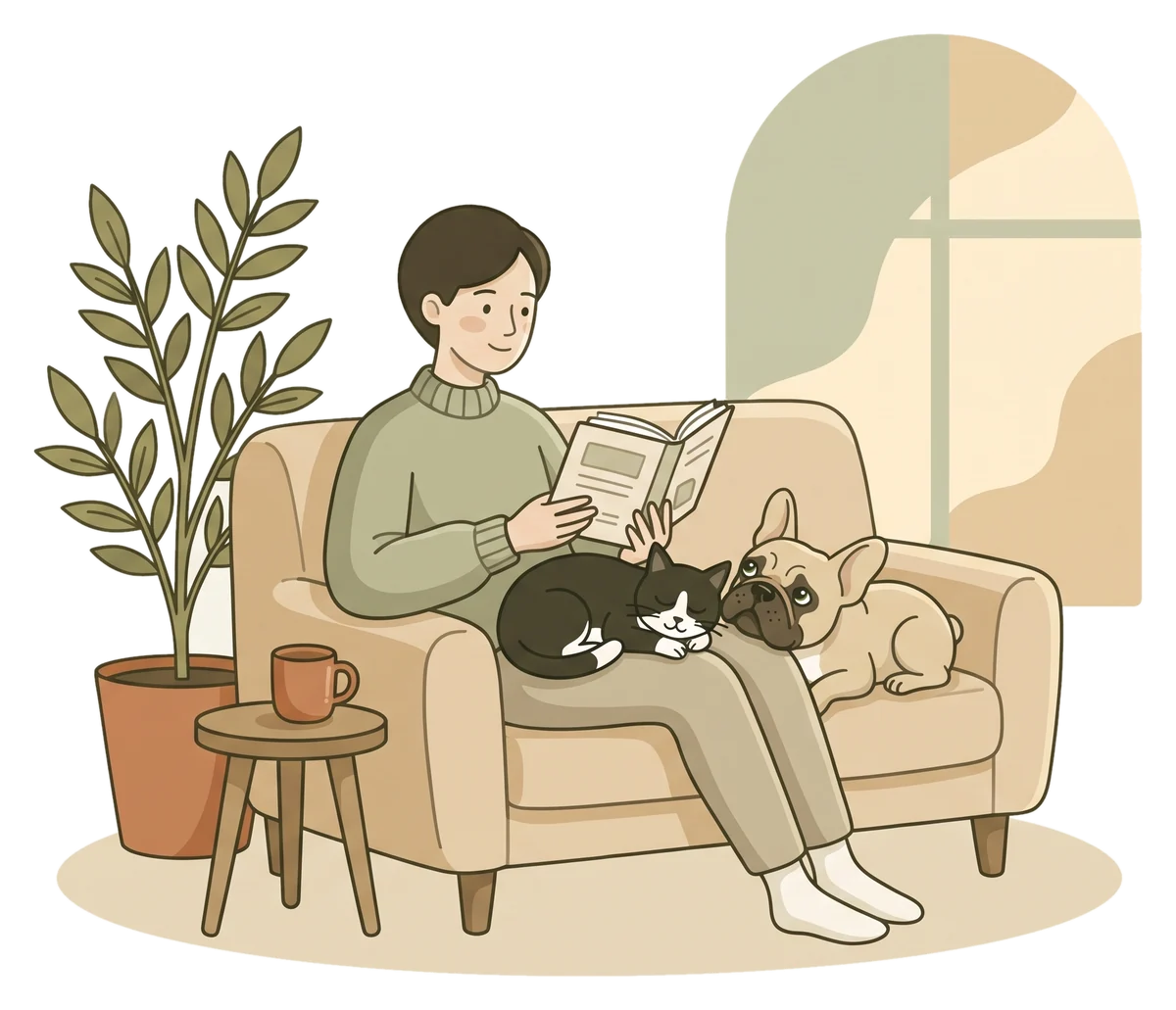 Kanepede kitap okuyan biri; kucağında uyuyan bir kedi, yanında başını dizine yaslamış bir French Bulldog