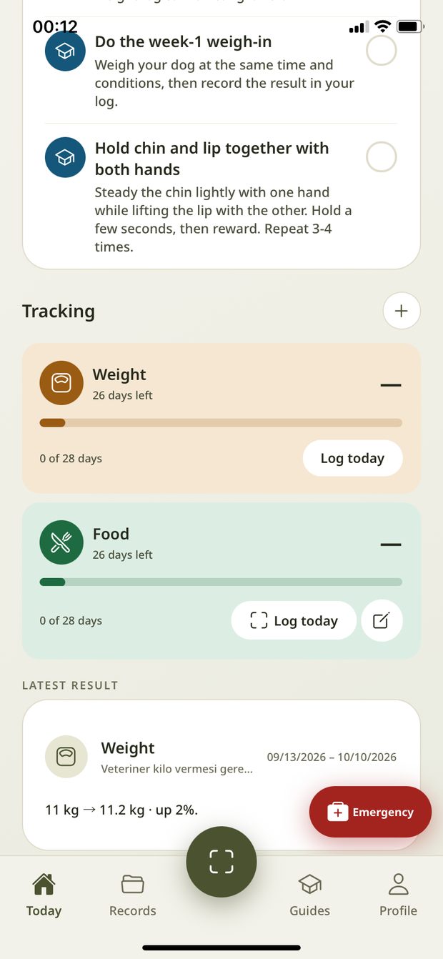 Pantalla Hoy de SarPet con un paseo, tareas de cuidado y registro de agua y comida