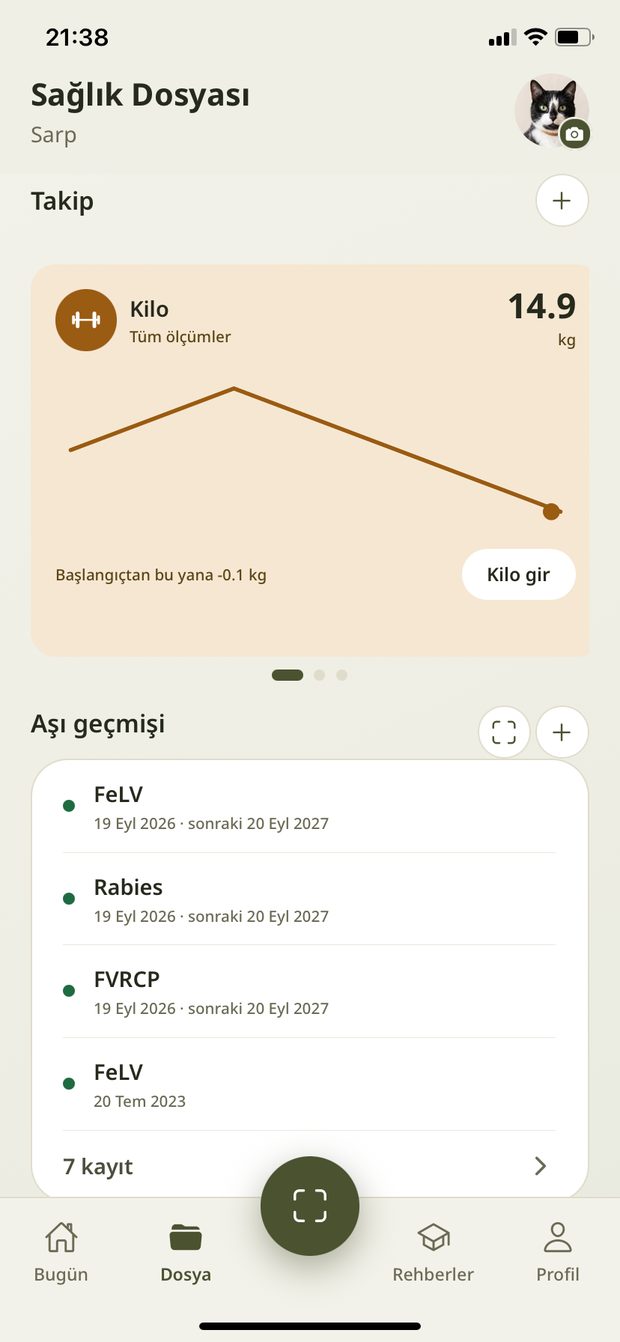 SarPet sağlık dosyası: kilo grafiği ve aşı geçmişi