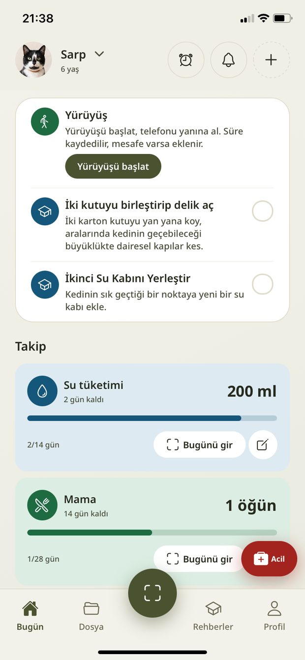 SarPet Bugün ekranı: yürüyüş, bakım görevleri, su ve mama takibi